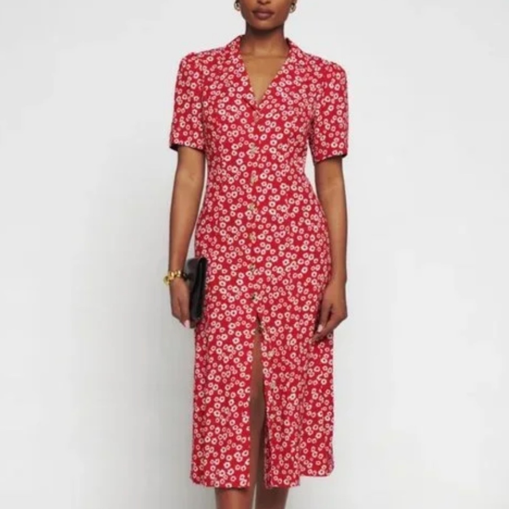 NWT Reformation Wilde Midi Button Down Dress - Jenna Red Floral - Picture 3 of 7
